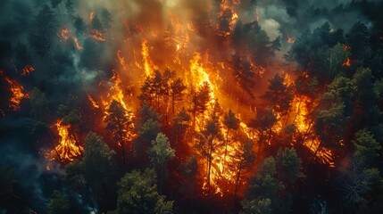 Fototapeta na wymiar Intense wildfire consuming a pine forest captured from above.