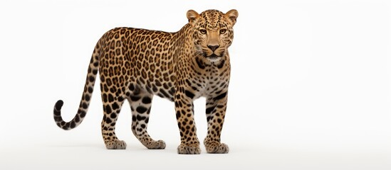 A confident cheetah is standing prominently in front of a white background. The cheetahs sleek body and powerful stance are showcased in this simple yet striking composition.