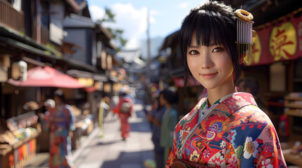 Fototapeta premium A young woman wearing a vibrant kimono stands poised on an old street in Japan, with traditional shops in the background. 