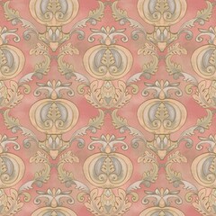 Fototapeta na wymiar Seamless pattern in baroque style with stylized tomatoes and accanthus leaves on a red pastel background. Suitable for interior, wallpaper, fabrics, clothing, stationery.