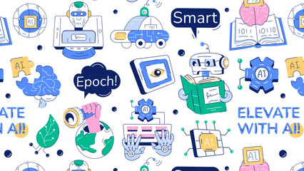 Seamless ai theme pattern showcasing cybernetics, automation, and other elements of deep learning 