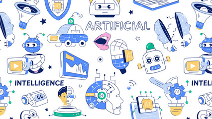 Seamless ai theme pattern showcasing cybernetics, automation, and other elements of deep learning 