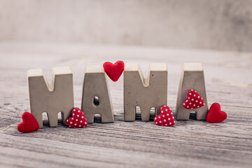 red hearts on wooden background Mama Postcard - 754431396