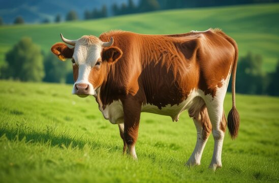 a cow grazes in a green meadow