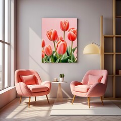 Stunning pink tulips photograph adorning wall in modern living room with peach armchairs