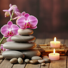 Fototapeta na wymiar Tranquil spa setting with stones, candles, and orchid flowers
