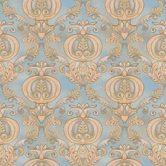 Seamless pattern in baroque style with stylized tomatoes and accanthus leaves on a blue pastel background. Suitable for interior, wallpaper, fabrics, clothing, stationery.