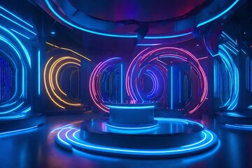 abstract blue background, Immerse yourself in the futuristic realm of technology with a captivating image featuring a background podium adorned with 3D light game circles and vibrant blue neon accents - obrazy, fototapety, plakaty