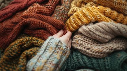 A crafter's hand picking through cozy, chunky knit fabrics in warm shades of rust, mustard, and forest green, evoking a sense of comfort and warmth for winter creations