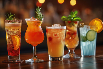 Vibrant collection of various cocktails adorned with fruits, berries, and mint leaves, presented on a bar with a bokeh light background