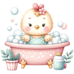 cute watercolor animals in bathtub,animals in bathroom,shower animals