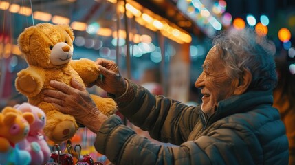 An elderly man exhibits pride and happiness while holding a large teddy bear won at a carnival game, surrounded by festive lights.
 - obrazy, fototapety, plakaty