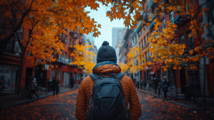 back view of a man wearing a black backpack and a hat, walking down a street in autumn. The leaves on the trees are yellow, warm and cozy atmosphere