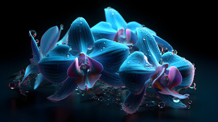 8k sharp, fractal, self similarity highly detailed 3d high definition 8k neon pale cerulean psychedelic detailed Orchids fairy - obrazy, fototapety, plakaty
