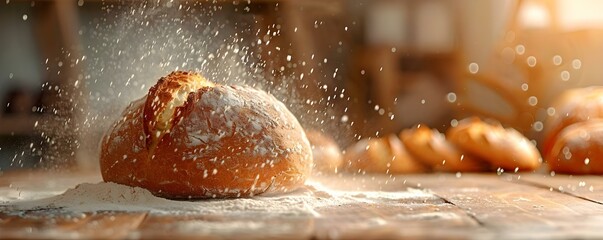 Rustic Scene Freshly Baked Sourdough Bread on Wooden Table with Flour Dusting. Concept Food Photography, Rustic Setting, Sourdough Bread, Wooden Table, Flour Dusting