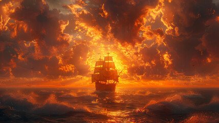 a pirate ship sailing in the middle of the sea strom with a beautiful sunset view,generatrive ai - obrazy, fototapety, plakaty