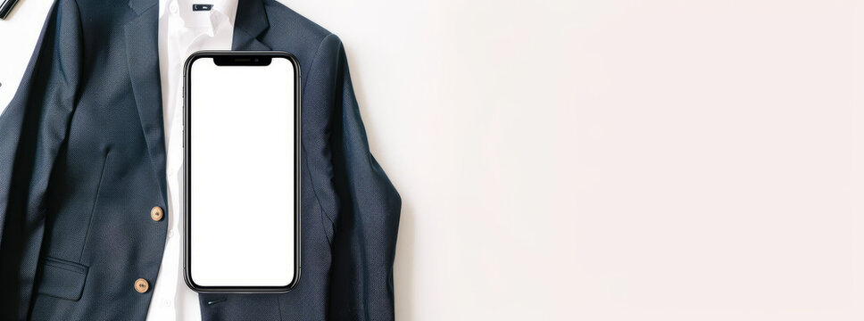 A mobile phone displaying An instagram profile with formal suit product shop, advertising style,generative ai