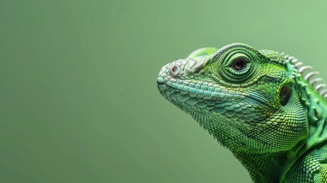 Portrait green serious lizard isolated on green background. AI generated image
