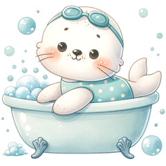 Naklejka premium cute watercolor animals in bathtub,animals in bathroom,shower animals