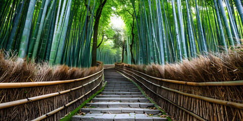 A path through a bamboo forest with a walkway leading to it bamboo grove with green background