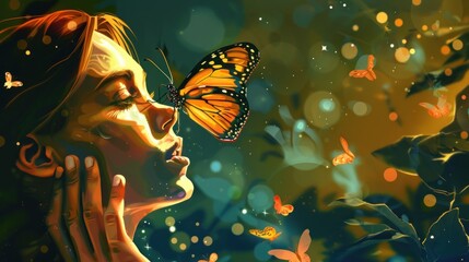 Illustration a woman with flying butterfly insect animal. AI generated image