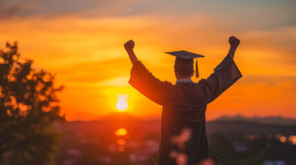 silhouette of Student Celebrating Graduation watching the sunlight
