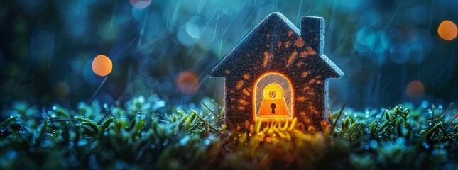 Miniature house model with glowing light and padlock in a rainy setting, evoking concepts of home security and insurance.