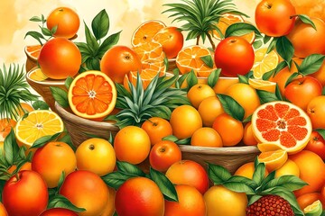 fruits and berries, Immerse yourself in the refreshing world of fruits with a captivating image featuring a fruit podium background for showcasing citrus beauty products, adorned with vibrant oranges,