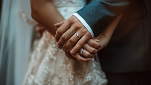 Romantic wedding couple with rings on their fingers. AI generated image
