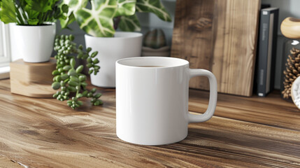 white mug mockup on a wooden table