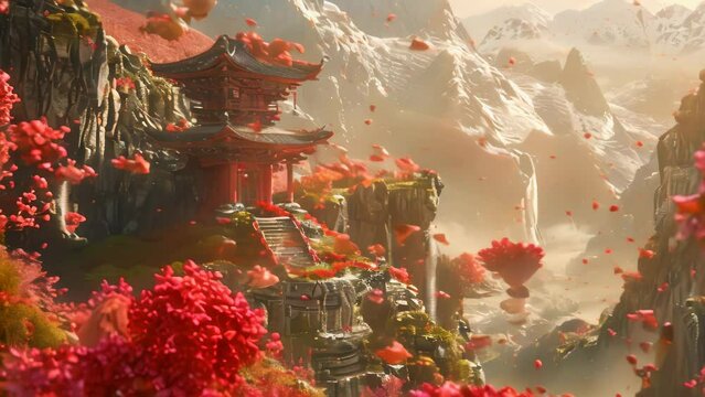 temple with flying flowers. 4k video