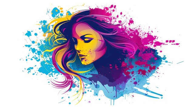Illustration female face on abstract watercolor splash background. AI generated image