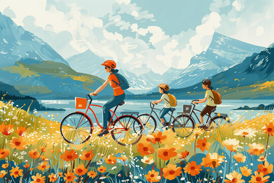 Family enjoying a scenic bike ride in a mountainous landscape, vibrant and lively, AI-generated image.