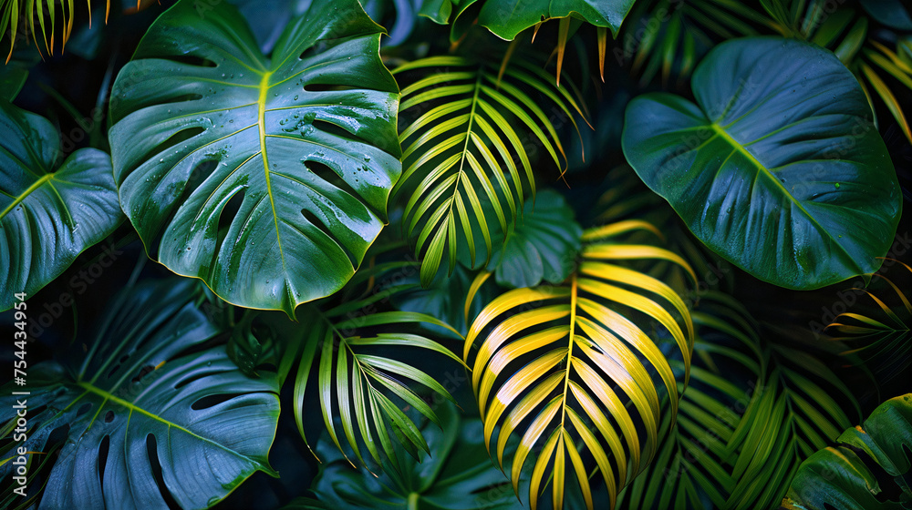 Wall mural Green tropical leaves. Background wallpaper. Generative AI