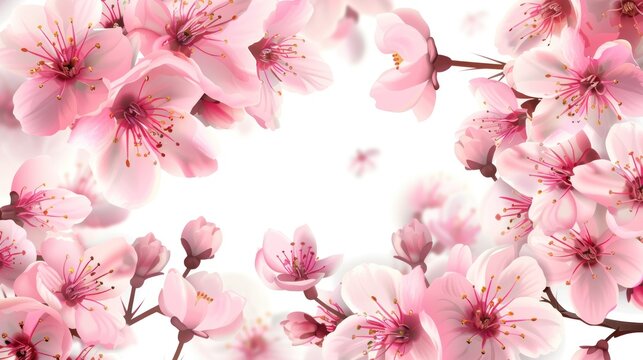 Beautiful pink cherry blossom flowers frame background. AI generated image