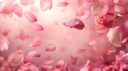 Realistic flying pink rose and cherry blossom petals flower background. AI generated image