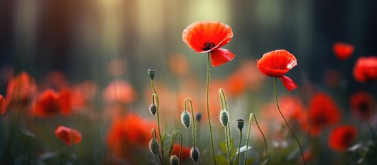 A group of vibrant red poppy flowers, known as Papaver rhoeas, growing in the lush green grass in a field.