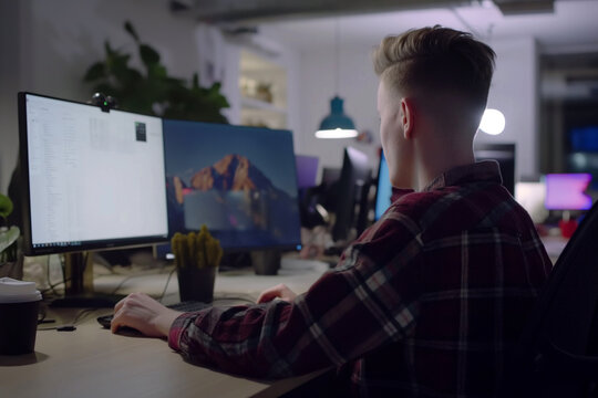 Young professional working late at his desk in a modern office