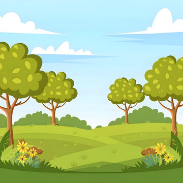 blank meadow landscape scene with many trees illustration. generative AI
