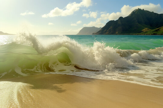 Sunlit wave crashing on tropical beach with mountain view at golden hour