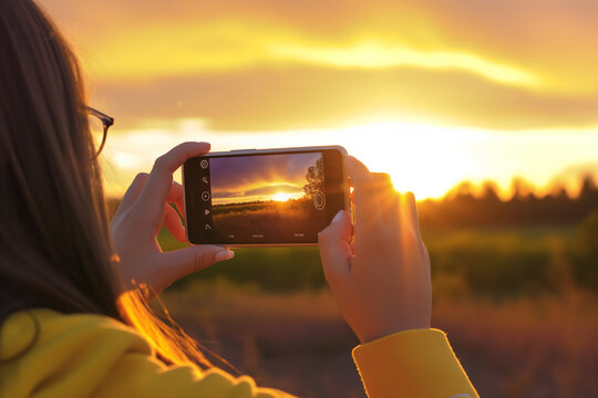 Woman capturing a stunning sunset over a field on her smartphone
