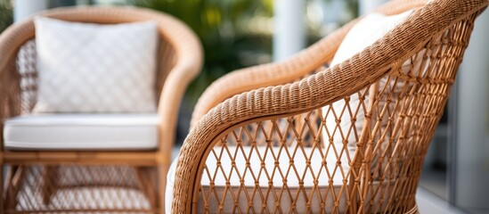 Fototapeta premium Two contemporary wicker chairs with armrests are positioned side by side in a close-up view. The back of the chairs showcases the intricate weaving of the rattan material.