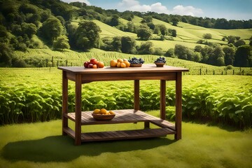 picnic in the garden, Immerse yourself in the rustic charm of nature with a captivating image featuring a farm wood nature field fruit table product stand, nestled amidst lush green grass and garden f - obrazy, fototapety, plakaty