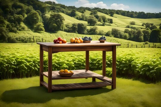 picnic in the garden, Immerse yourself in the rustic charm of nature with a captivating image featuring a farm wood nature field fruit table product stand, nestled amidst lush green grass and garden f