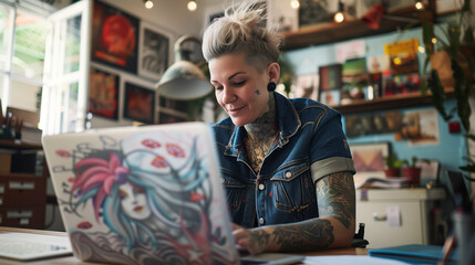 
A tattoo artist, adorned with tattoos, works happily on her laptop in a studio filled with paintings, wearing casual attire.