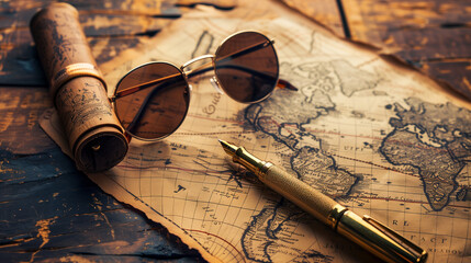 Vintage Wood Setting with Notebook, Sunglasses, Map, and Pen, Recalling Past Adventures