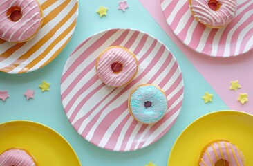 Colorful sweet donuts and candies on a white background with copy space for design. Close up pink donuts with colorful sprinkles on a yellow background in a flat lay top view copy space