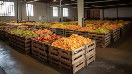A commercial warehouse full of boxes with several fresh organic fruits
