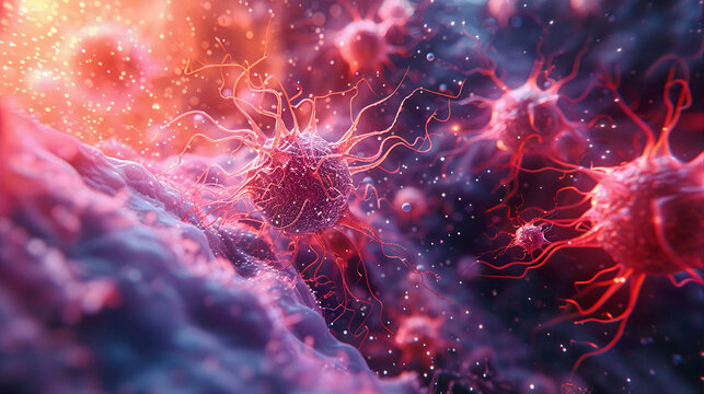 Virus floating in cellular environment, background, viral disease epidemic, 3D rendering of virus, illustration. Generative AI