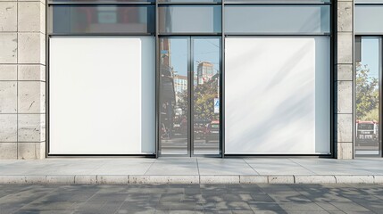 closeup plain blank A3 2 white poster paper, side by side stick on front of store rolling door, urban city, bright, copy space 